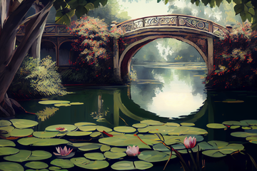 Tranquil Beauty: Oil Color Painting Print of a Pond with Water Lilies, Trees, and Bridge