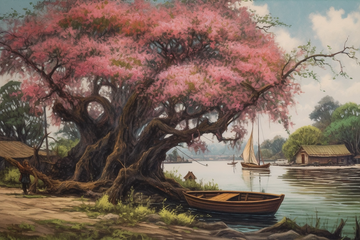 Serene Riverside Bliss: A Vibrant Oil Color Print of a Wooden Boat and Blossoming Pink Tree