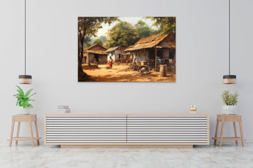 Rustic Charm: An Oil Color Painting Print of a Quaint Village Scene