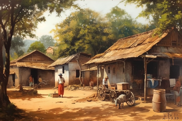 Rustic Charm: An Oil Color Painting Print of a Quaint Village Scene