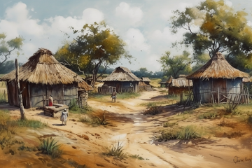 Rustic Charm: An Oil Color Painting Print of a Quaint Village Hut