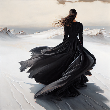Print of Oil Color: Woman in Black Long Dress Standing in a Windy White Desert with Her Backside Shown
