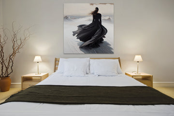 Print of Oil Color: Woman in Black Long Dress Standing in a Windy White Desert with Her Backside Shown