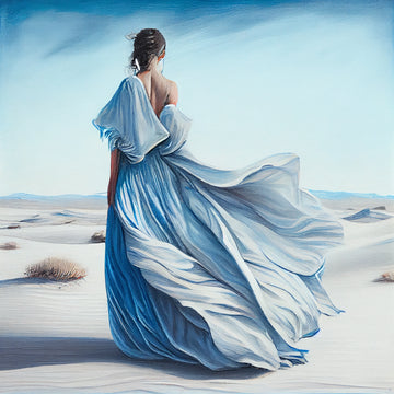 Print of Oil Color: Woman in Blue Long Dress Standing in a Windy Desert with Her Backside Shown
