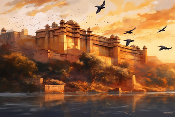 Golden Hues at Sunrise: A Stunning Oil Color Print of Amer Fort Jaipur with Majestic Birds Soaring