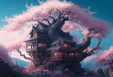 Blossoming Sanctuary: Hyperrealistic Oil Color Print of an Ornate Treehouse in a Giant Pink Cherry Blossom Tree with Cinematic Lighting