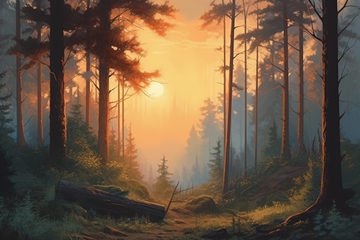 Dawn's Serenity: A Hyperrealistic Oil Print of a Sunrise in the Forest