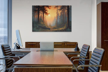 Dawn's Serenity: A Hyperrealistic Oil Print of a Sunrise in the Forest