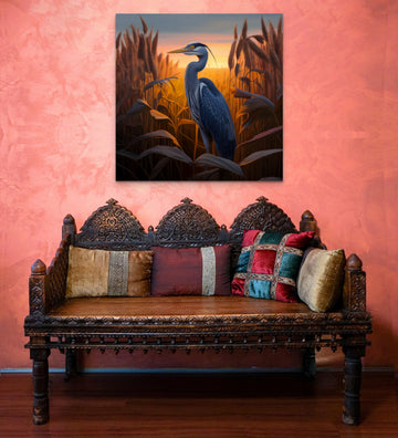 Sunrise Majesty: A Stunning Oil Color Print of a Blue Heron in a Vast Corn Field