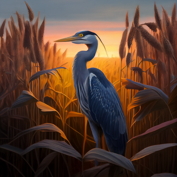 Sunrise Majesty: A Stunning Oil Color Print of a Blue Heron in a Vast Corn Field
