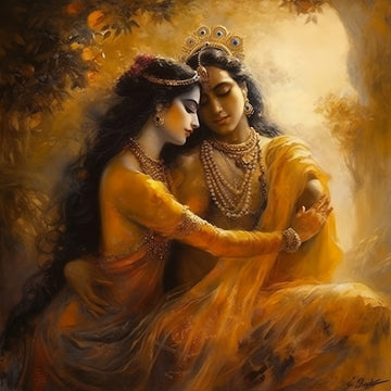 A Stunning Oil Color Print of Divine Love of Radhe Krishna in Golden Hues