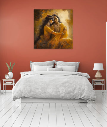 A Stunning Oil Color Print of Divine Love of Radhe Krishna in Golden Hues
