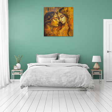 Golden Love: An Oil Color Print of Radhe Krishna's Blissful Face