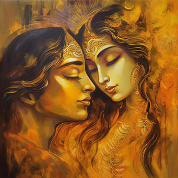 Golden Love: An Oil Color Print of Radhe Krishna's Blissful Face