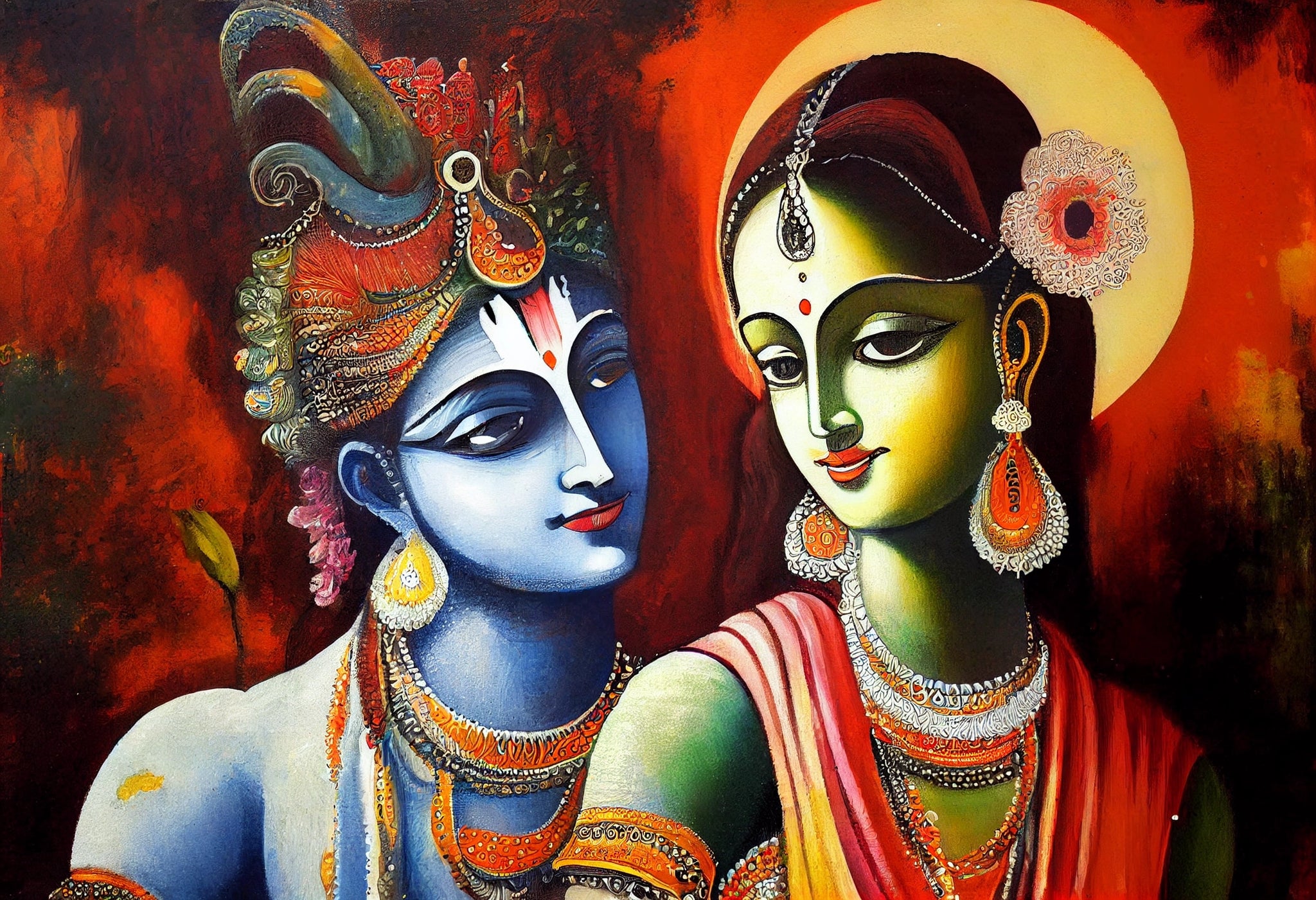 Eternal Love in Vivid Hues: A Mesmerizing Modern Art Oil Color Print of Radha Krishna