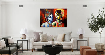 Eternal Love in Vivid Hues: A Mesmerizing Modern Art Oil Color Print of Radha Krishna