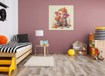 An Adorable Oil Color Painting Print of Baby Lord Ganesha with Laddoo