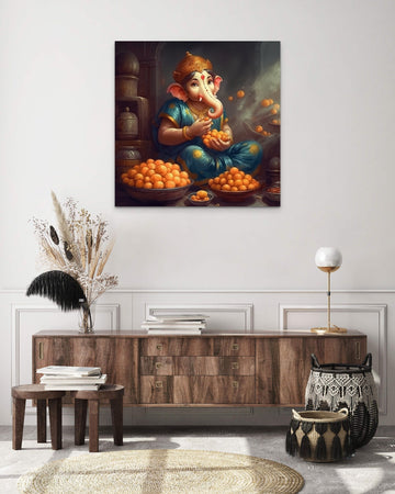 The Little Lord Ganesh Indulging in a Laddoo - Oil Color Painting Print