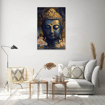 A Dark Navy Blue and Mustard Oil Color Print of Buddha with White Florals Background