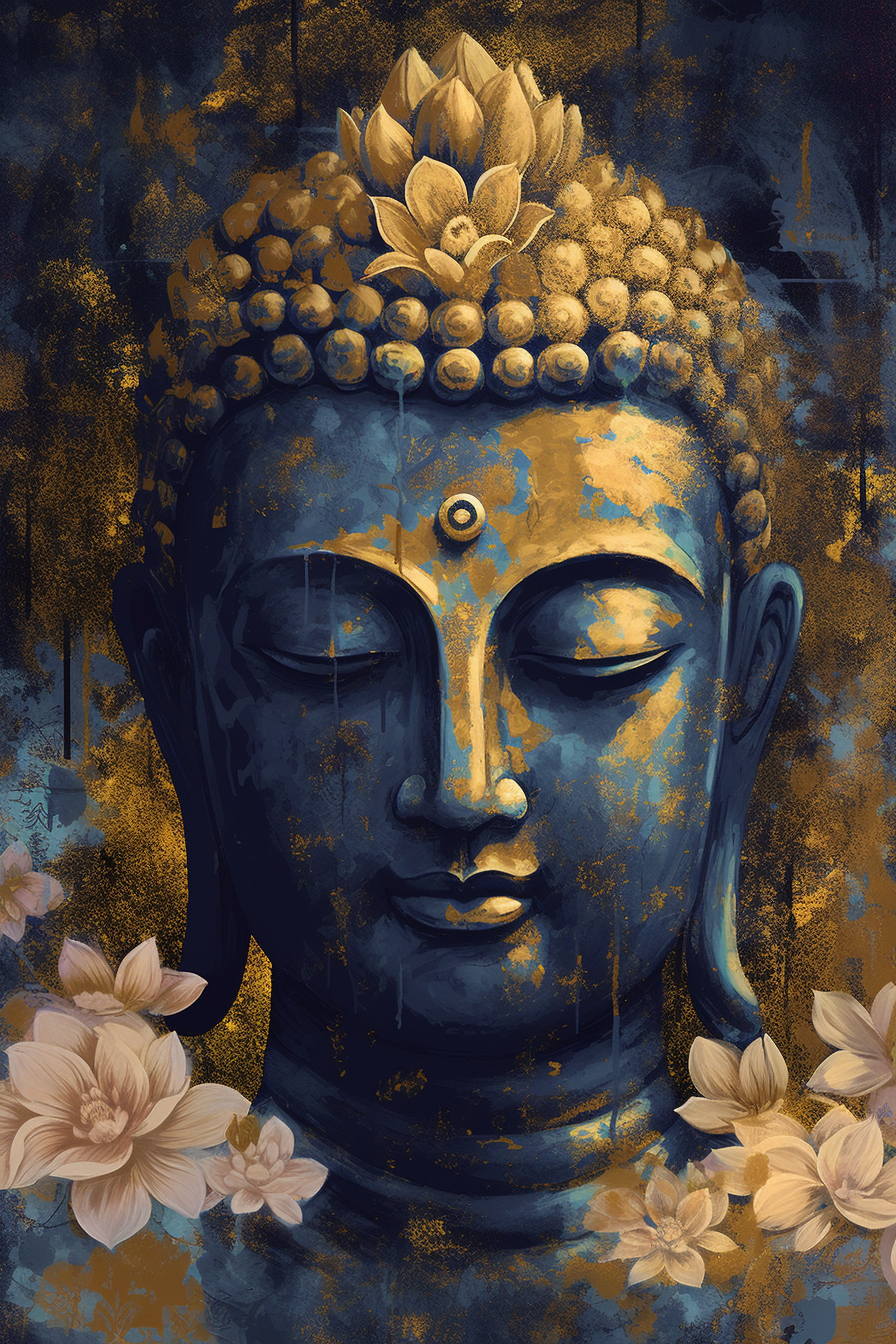 A Dark Navy Blue and Mustard Oil Color Print of Buddha with White Florals Background