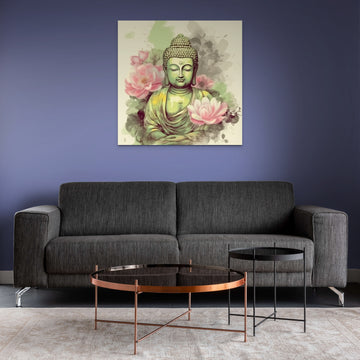 A Vibrant Oil Color Print of Lord Buddha in Light Lime and Pink with a White Floral Background