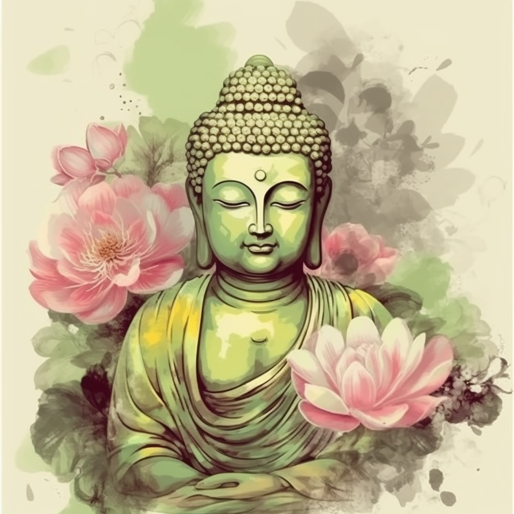 A Vibrant Oil Color Print of Lord Buddha in Light Lime and Pink with a White Floral Background