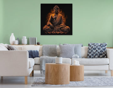 Enlightenment in Shades of Black and Orange: A Stunning Oil Color Print of Lord Buddha