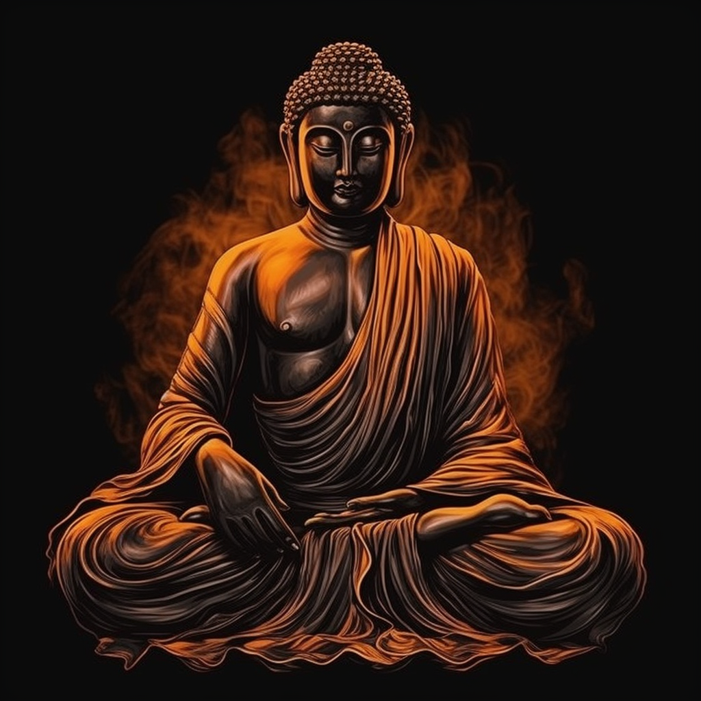 Enlightenment in Shades of Black and Orange: A Stunning Oil Color Print of Lord Buddha