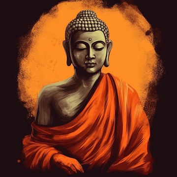 A Stunning Oil Color Print of Buddha's Iconic Form with a Striking Orange Cloth and Chakra Backdrop