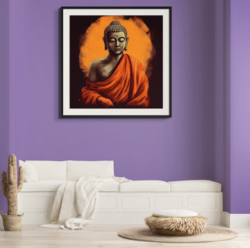 A Stunning Oil Color Print of Buddha's Iconic Form with a Striking Orange Cloth and Chakra Backdrop