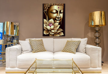 Golden Enlightenment: Oil Color Print of Lord Buddha with a Lotus Flower"