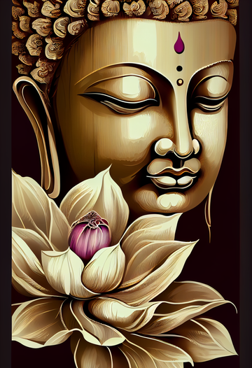 Golden Enlightenment: Oil Color Print of Lord Buddha with a Lotus Flower