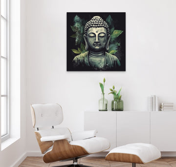 An Enlightened Black and Green Buddha Oil Color Print with Leafy Background