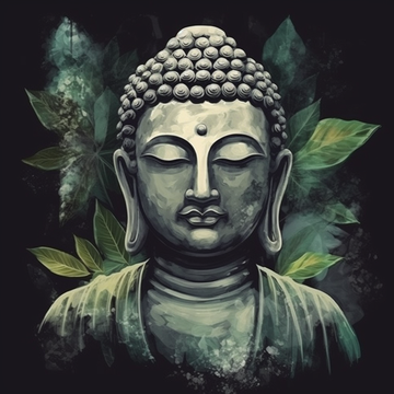An Enlightened Black and Green Buddha Oil Color Print with Leafy Background
