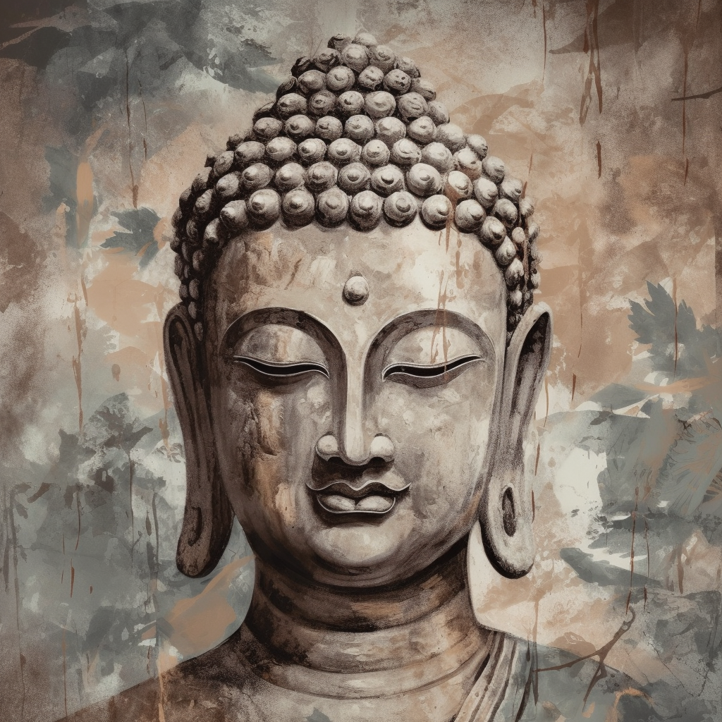 A Dusty Grey and Beige Oil Color Print of Lord Buddha on Canvas