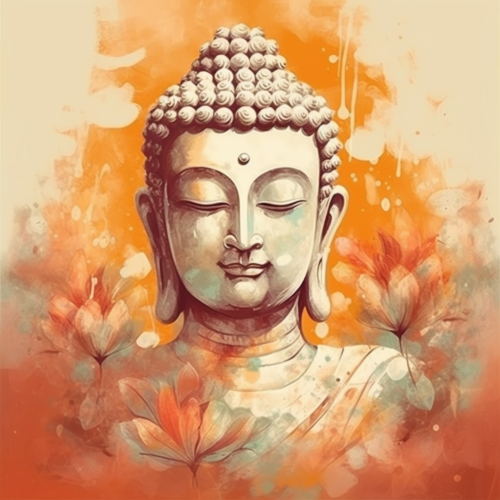 Enlightenment in Bloom: A Pastel Portrait Print of Lord Buddha with White Floral Background
