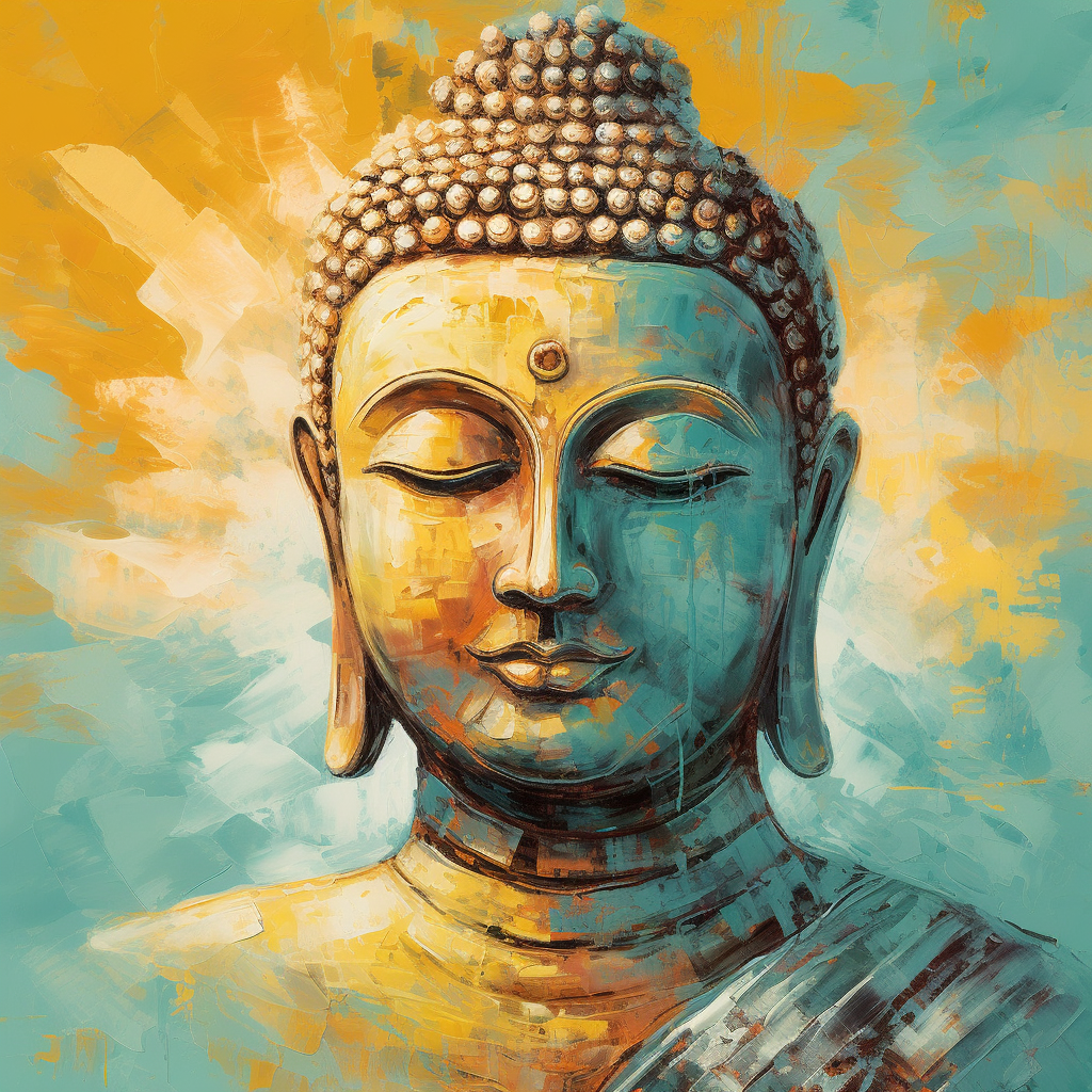 Transcendence in Blue and Gold: A Stunning Oil Color Print of Lord Buddha in Light Sky Blue and Mustard Hues