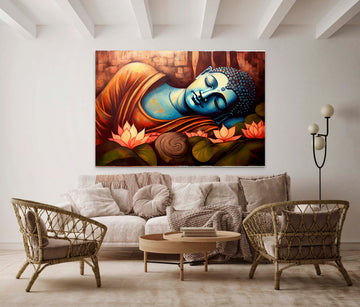 Divine Serenity: A Colorful Oil Print of Lord Buddha Resting on Lotus Flowers