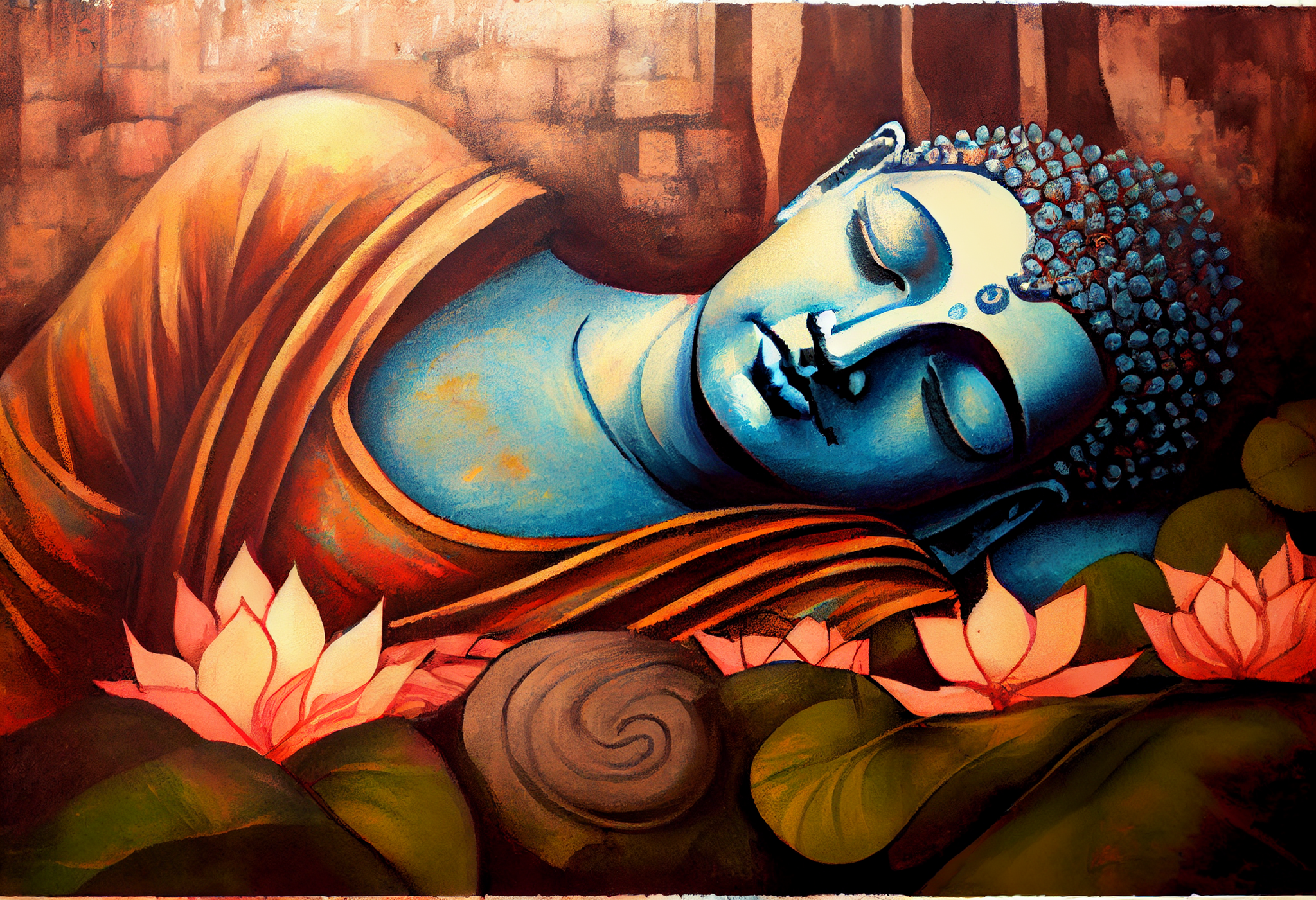 Divine Serenity: A Colorful Oil Print of Lord Buddha Resting on Lotus Flowers