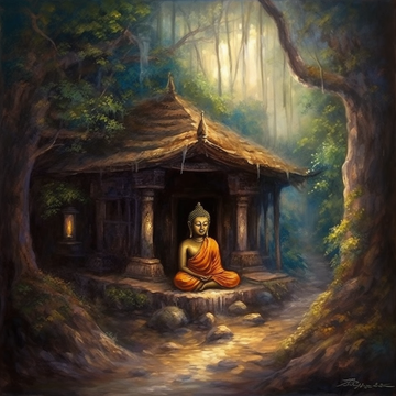 Tranquility in the Hut: A Serene Oil Color Print of Lord Buddha Meditating amidst a Breathtaking Scenery