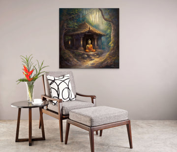 Tranquility in the Hut: A Serene Oil Color Print of Lord Buddha Meditating amidst a Breathtaking Scenery
