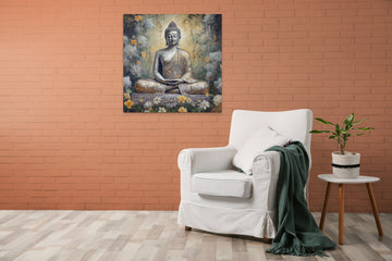 An Oil Color Print of Lord Buddha Meditating with Glittering Serenity and Golden Flowers