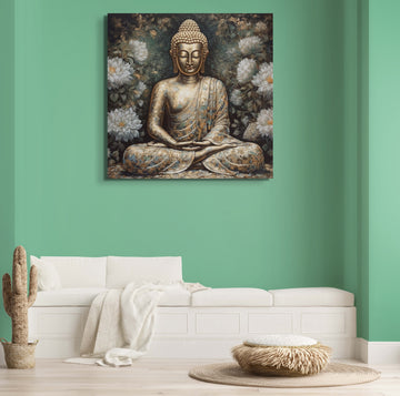 A Glittering Oil Color Print of Lord Buddha's Meditation on a Bed of White Flowers
