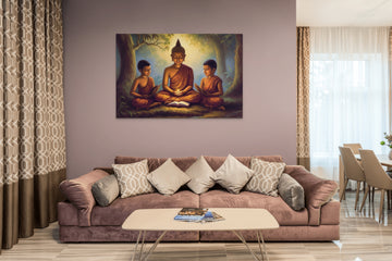 A Vibrant Oil Color Print of Lord Buddha and His Young Disciples in Meditation