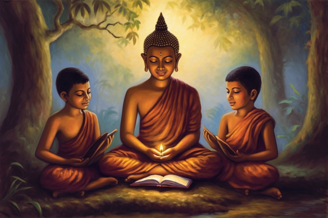 A Vibrant Oil Color Print of Lord Buddha and His Young Disciples in Meditation