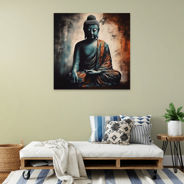 A Bluish Black Oil Color Print of Lord Buddha on a Light Colored Background with Vibrant Colored Cloth
