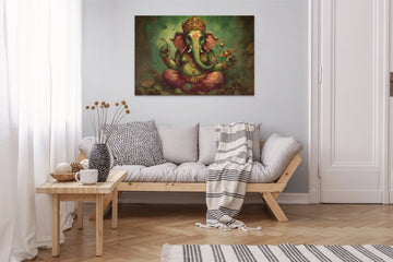 Sage Serenity: An Oil Color Print of Lord Ganesh in Hues of Sage Green and Maroon