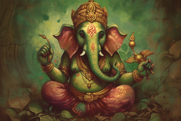 Sage Serenity: An Oil Color Print of Lord Ganesh in Hues of Sage Green and Maroon