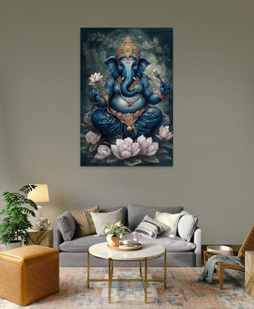 Navy Serenity: An Oil Color Print of Lord Ganesha Sitting on a White Floral Bed