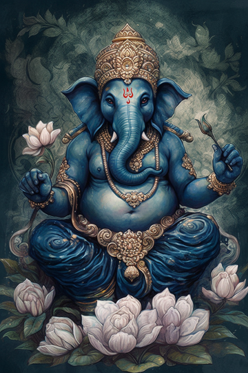 Navy Serenity: An Oil Color Print of Lord Ganesha Sitting on a White Floral Bed